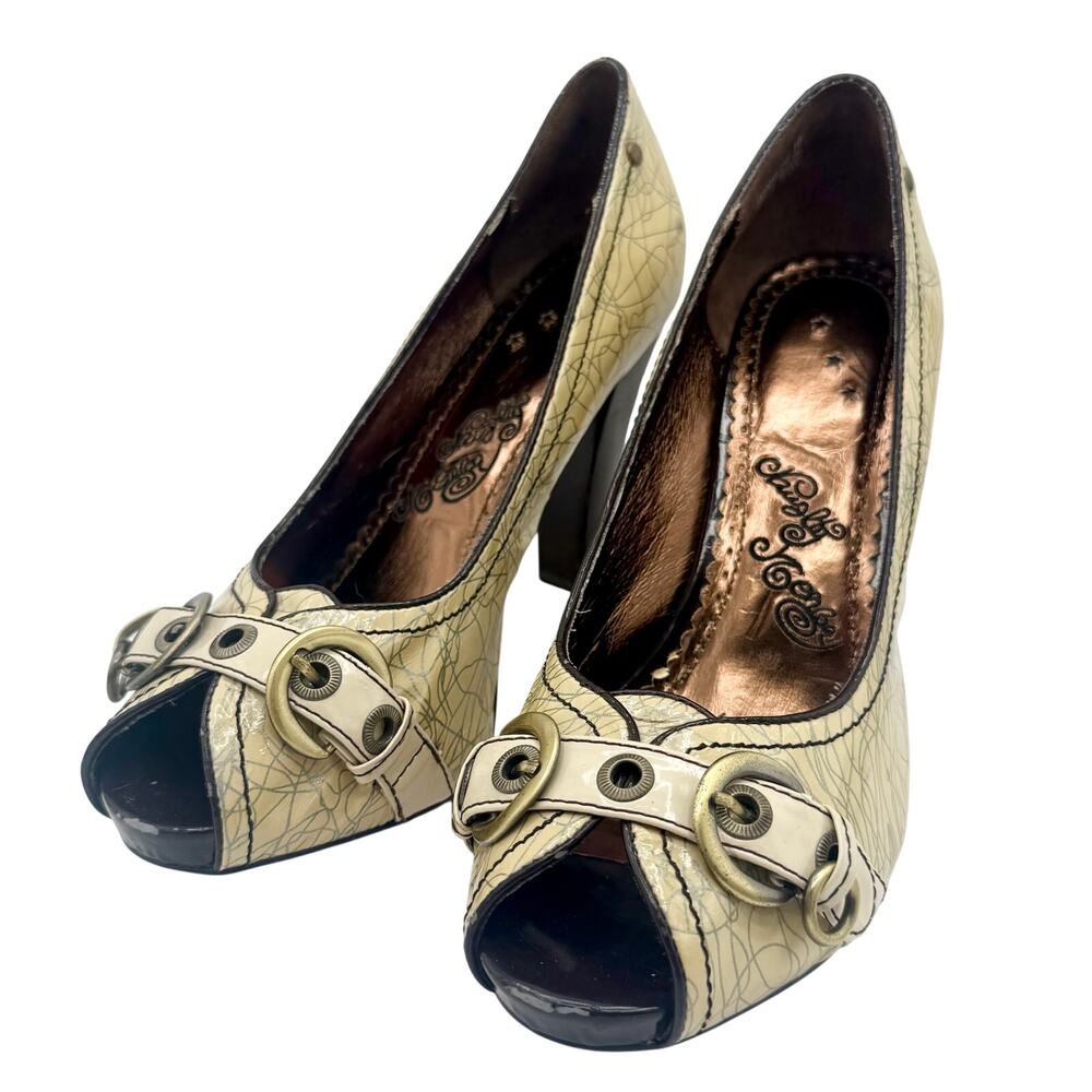 Naughty Monkey Peep Toe Heels Size 10 Cream Leather Upper Buckle Pumps Y2K